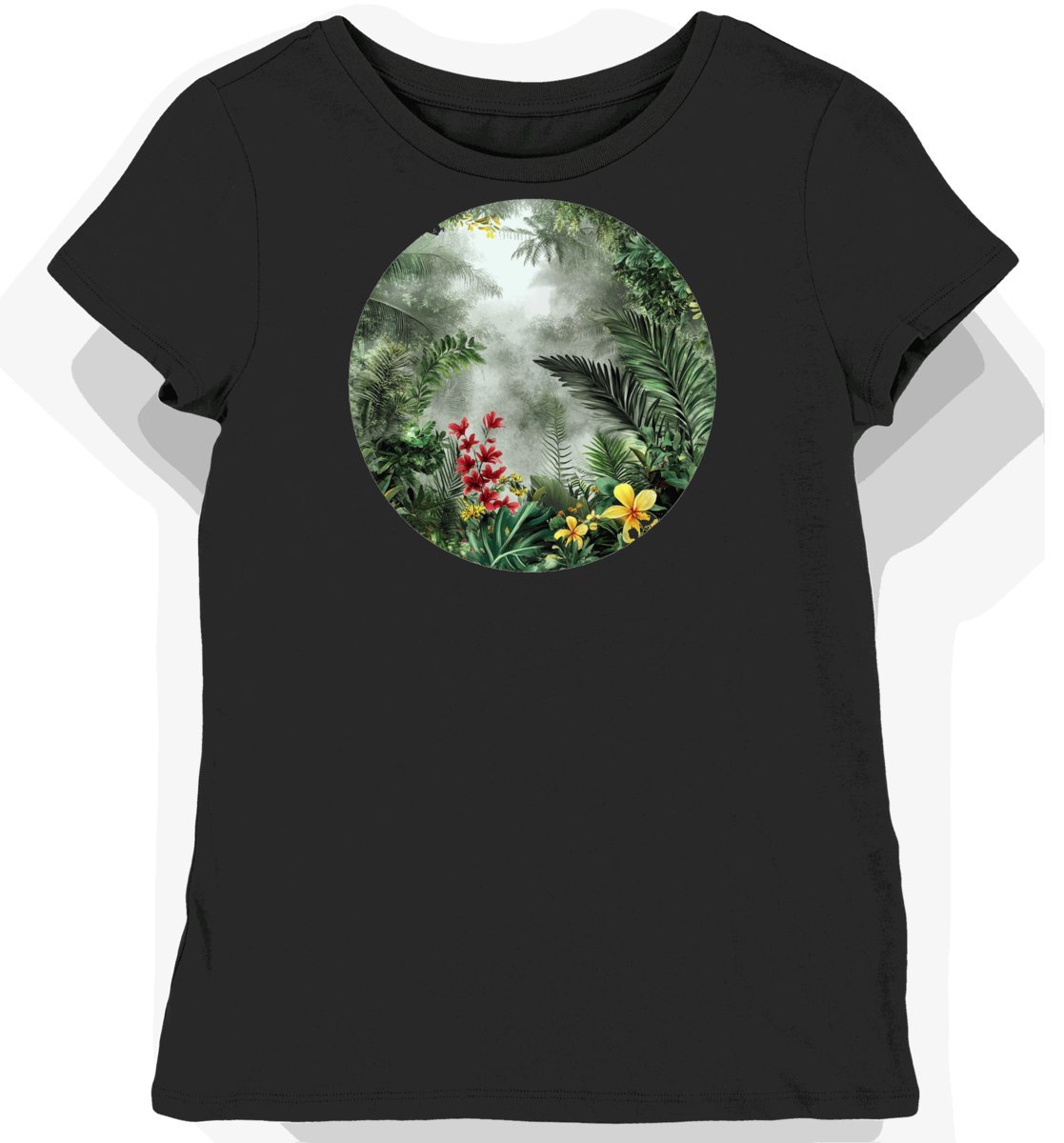 Koszulka damska czarna z nadrukiem tropikalnych liści S