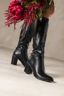 Kozaki damskie - Czarne kozaki damskie Sergio Leone obcas słupek na cholewce pasek ze stalową ozdobą PA74261 - miniaturka - grafika 1