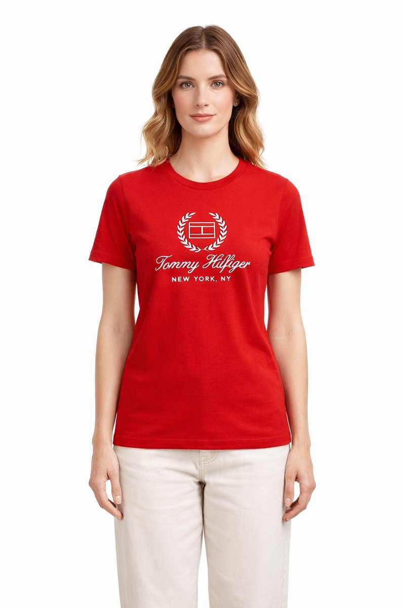 TOMMY HILFIGER CZERWONY T-SHIRT Z HAFTEM DAMSKI KRÓTKI RĘKAW M I3A