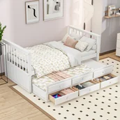 Łóżka dla dzieci i młodzieży - Łóżko drewniane Flieks 90x200cm z wysuwanym łóżkiem, łóżko młodzieżowe z 3 szufladami, klasyczne łóżko z listwową ramą, łóżko do przechowywania łóżko dziecięce łóżko dzienne łóżko dla gości, białe - miniaturka - grafika 1