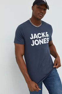 Koszulki męskie - Jack & Jones t-shirt bawełniany kolor granatowy z nadrukiem - grafika 1