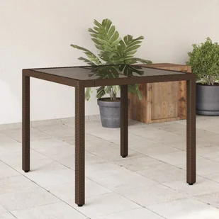 vidaXL Stół ogrodowy ze szklanym blatem, brąz, 90x90x75 cm, polirattan - Stoły ogrodowe - miniaturka - grafika 1