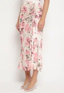 Spódnice - Różowa Spódnica w Kwiaty z Marszczeniem i Rozcięciem na Nogę Atessira - miniaturka - grafika 1