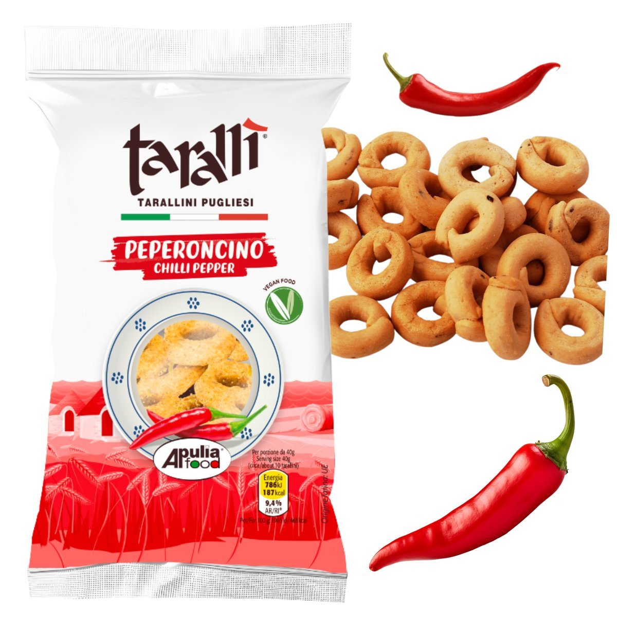 Tarallini z CHILLI Włoskie Chlebki Chrupiąca Przekąska Smak 100g Taralli