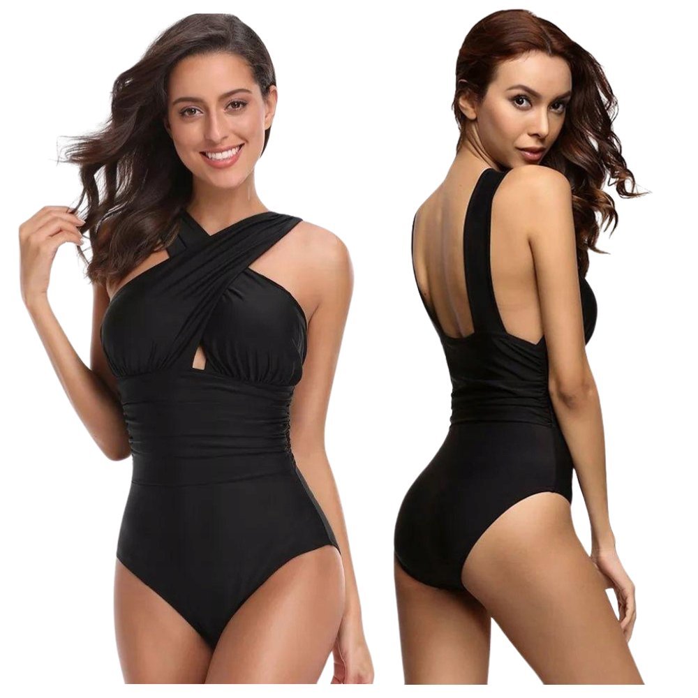 Jednoczęściowy Strój Kąpielowy Kostium Monokini Czarny Przekładany Dekolt S