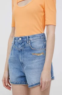 Pepe Jeans szorty jeansowe Rachel damskie kolor niebieski wzorzyste high waist - Spodenki damskie - miniaturka - grafika 1