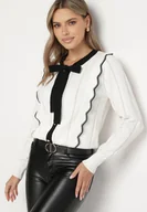 Swetry damskie - Biały Sweter z Wiskozą Ozdobiony Kokardą Eleganckimi Guzikami i Kontrastowymi Detalami Miariel - miniaturka - grafika 1