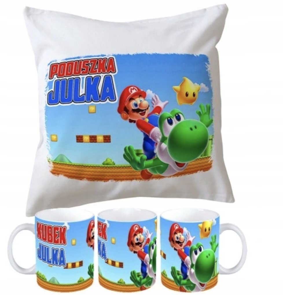 ZESTAW PODUSZKA + KUBEK Prezent SUPER MARIO BROS MARIO LUIGI + IMIĘ 23