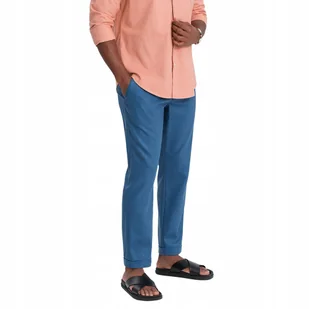 Spodnie podwijane chino z dodatkiem lnu niebieski denim V5 OM-PACP-0198 XL - Spodnie męskie - miniaturka - grafika 1