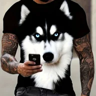 Koszulki męskie - TEMU 1 szt. Męska koszulka z 3D nadrukiem Husky - Casual, okrągły wycięcie pod szyją, krótki rękaw, poliestrowa tkanina z niewielkim rozciąganiem, - miniaturka - grafika 1