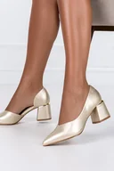 Czółenka - Złote czółenka z wycięciem na ozdobnym obcasie damskie ze skórzaną wkładką Casu ER23WX4-G-35 - miniaturka - grafika 1