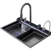 Zlewozmywaki - Zlewozmywak jednokomorowy z wodospadami BLIOTE Luxury Grafitowy - miniaturka - grafika 1