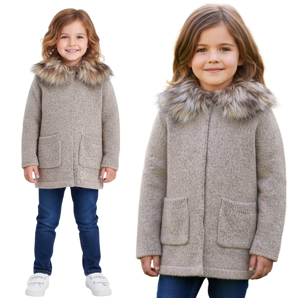 Dziewczęcy, brązowy KARDIGAN z odpinanym futerkiem, CIEPŁY sweterek z kieszeniami dla dziewczynki 4-5 lat