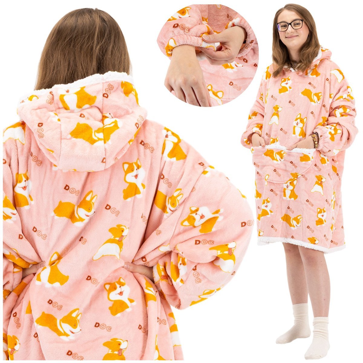Bluza koc damska 2w1 kocobluza z kapturem ciepła oversize szlafrok futrzak pieski corgi