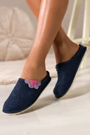Kapcie damskie - Granatowe kapcie damskie Inblu obuwie domowe z wyjmowaną skórzaną wkładką ozdobny kwiat XH999956 - miniaturka - grafika 1