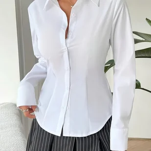 TEMU Elegancka, jednokolorowa koszula z długim rękawem i klapami, damskie odzież z poliestru na wiosnę/leto/jesień - Inne - miniaturka - grafika 1