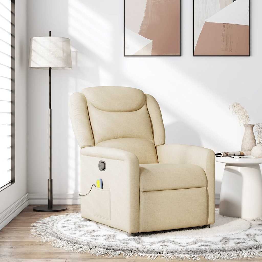 vidaXL vidaXL Rozkładany fotel masujący, kremowy, obity tkaniną