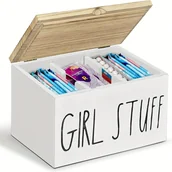 Inne - TEMU Drewniana skrzynka do przechowywania w łazience z pokrywką, nowoczesny organizer na rzeczy dla dziewcząt, 3-komorowy uchwyt na akcesoria do - miniaturka - grafika 1