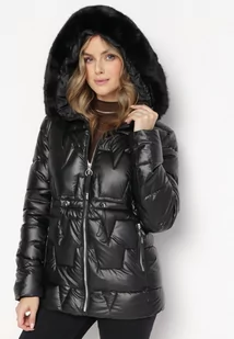 Czarna Pikowana Kurtka z Kapturem z Futerkiem Flavara - Kurtki damskie - miniaturka - grafika 1