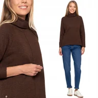 Swetry damskie - MIĘKKI CIEPŁY LUŹNY SWETER DAMSKI Z GOLFEM WYDŁUŻONY TYŁ MORAJ BRĄZ 2XL/3XL BROWN - miniaturka - grafika 1