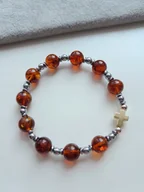 Bransoletki - Bransoletka Różaniec Bursztyn Hematyt Krzyż Koniak - miniaturka - grafika 1