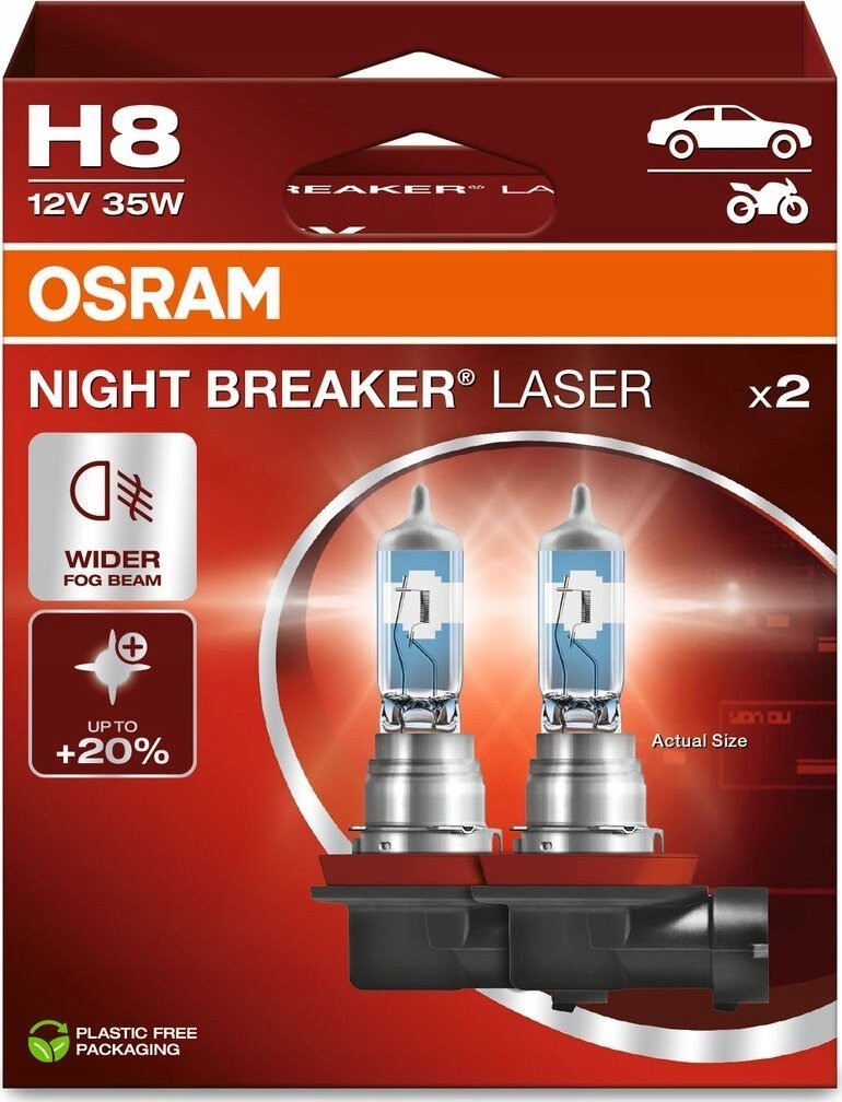 Żarówka H8 12V 35W PGJ19-1 do 150 m. długości wiązki światła, do 150% większa jasność, do 20% bielsze światło Night Breaker Laser, biała