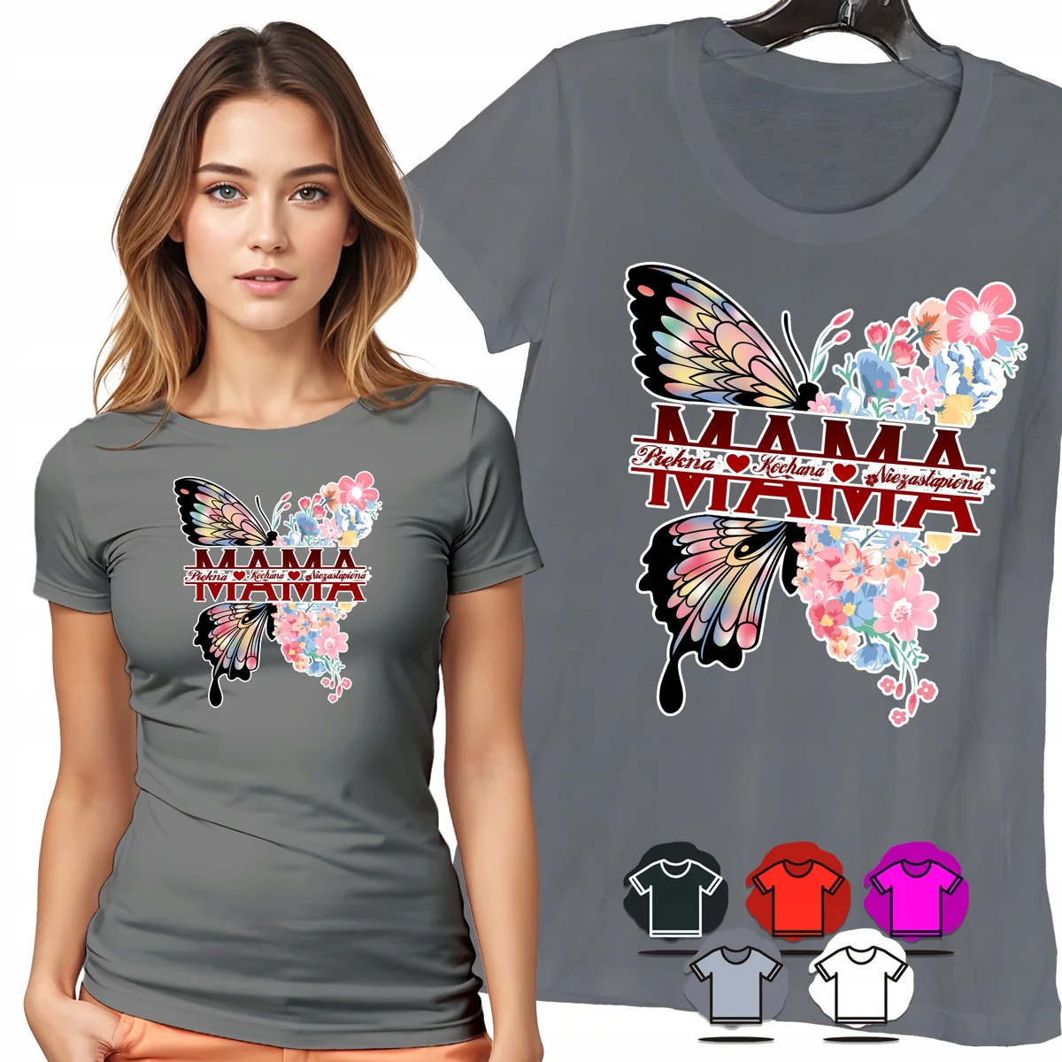 KOSZULKA DAMSKA T-SHIRT - MAMA PIĘKNA KOCHANA MOTYL KWIATY WZÓR MODA - XS