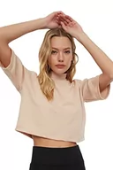 Bluzki damskie - Trendyol Damska bluzka beżowa, w prawym kołnierzu, crop dzianinowa bluzka Blouse, beżowy, S - miniaturka - grafika 1
