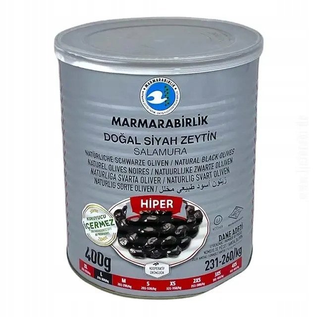 Czarne oliwki tureckie z pestką Marmarabirlik 400 g - L (HIPER)