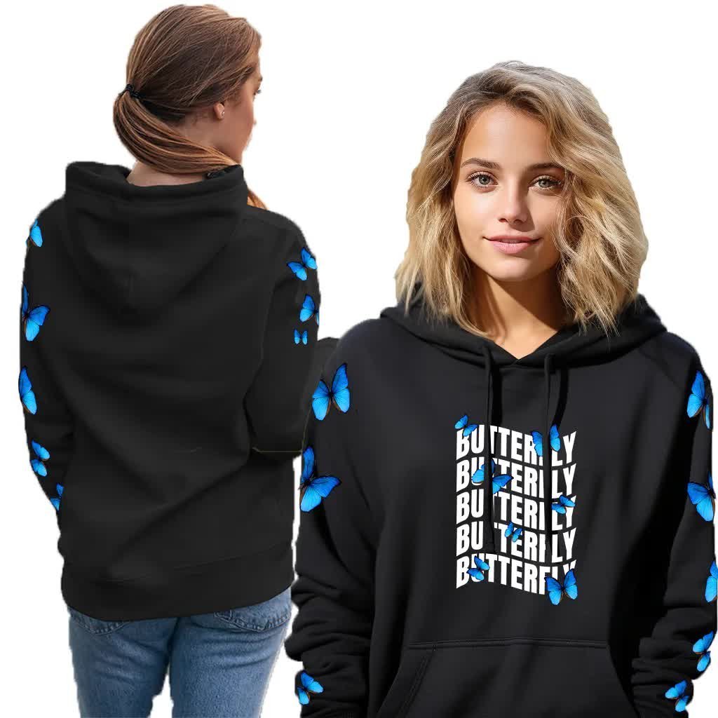 BLUZA DRESOWA Damska CZARNA Z Kapturem Na Jesień BUTTERFLY Motyle - XL