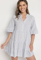 Sukienki - Jasnoniebieska Bawełniana Sukienka z Haftowanej Tkaniny o Koszulowym Kroju z Falbanami Filidwena - miniaturka - grafika 1