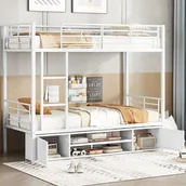 Łóżka dla dzieci i młodzieży - Łóżka piętrowe 2 x 90 x 200 cm z 2 drzwiami i 2 półkami - Metalowe - Kolor biały (Bez materaca) - miniaturka - grafika 1