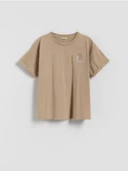 Koszulki dla dziewczynek - Reserved - T-shirt z nadrukiem i haftem - beżowy - miniaturka - grafika 1