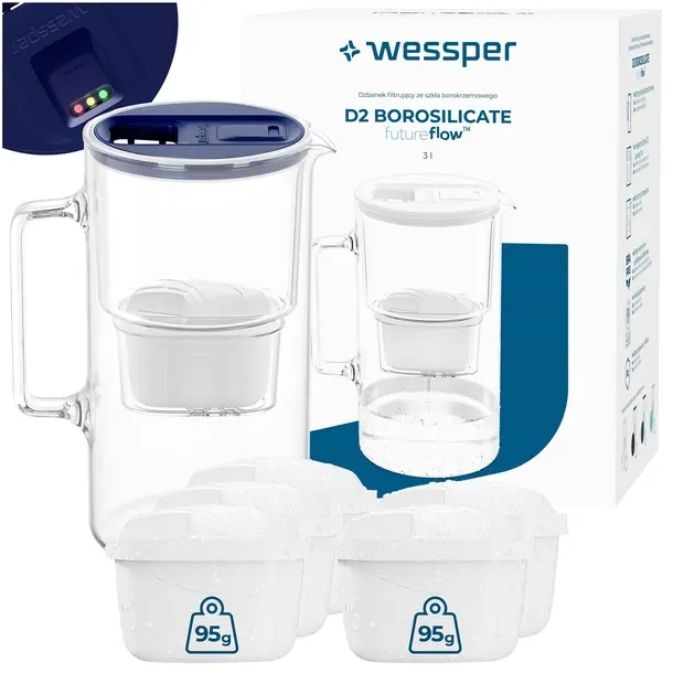 Szklany dzbanek filtrujący Wessper D2 BOROSILICATE 3l futureflow + 6x filtr