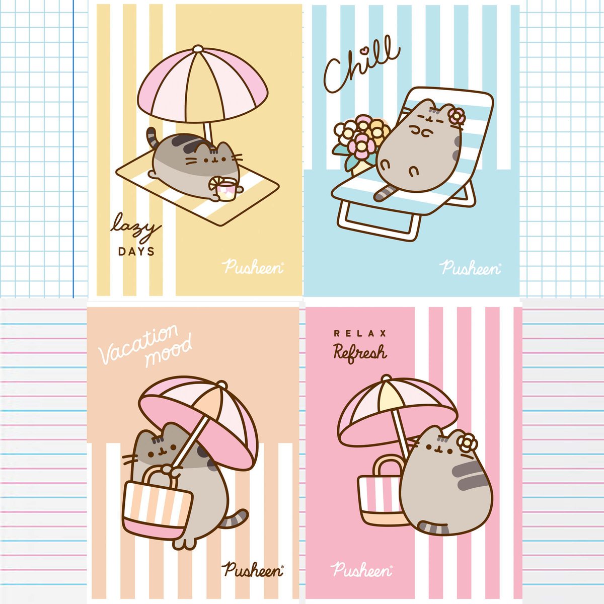 4X ZESZYT A4 32 KARTKI PUSHEEN UNIPAP: 2X KRATKA + 2X KOLOROWE TRZY LINIE