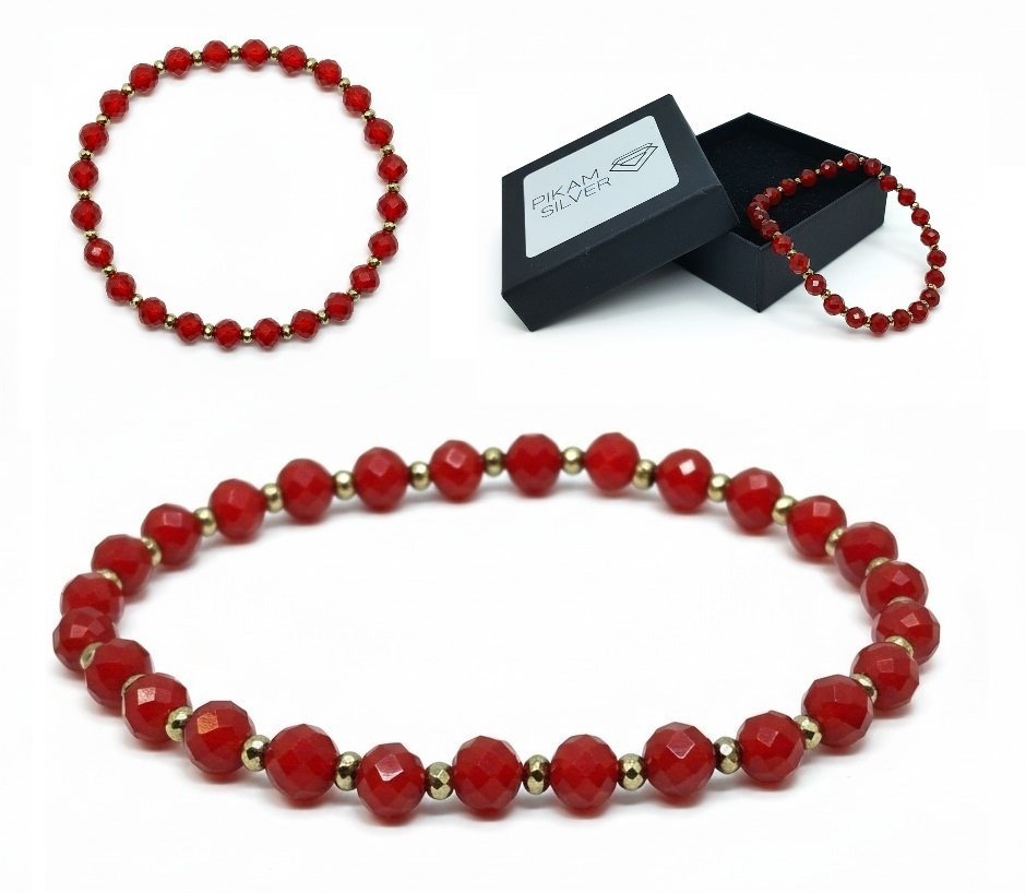 Bransoletka Z Kamieni Naturalnych 6mm Czerwony Agat Hematyt Damska Na Gumce