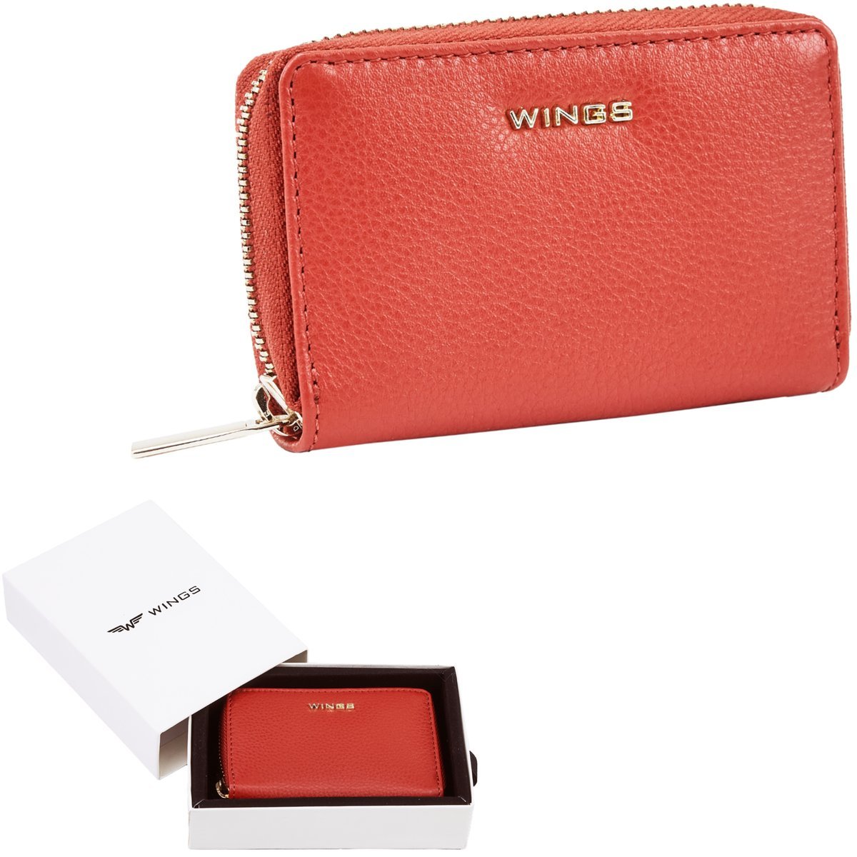Portfel damski WINGS mały skóra naturalna RFID czerwony prezent portmonetka