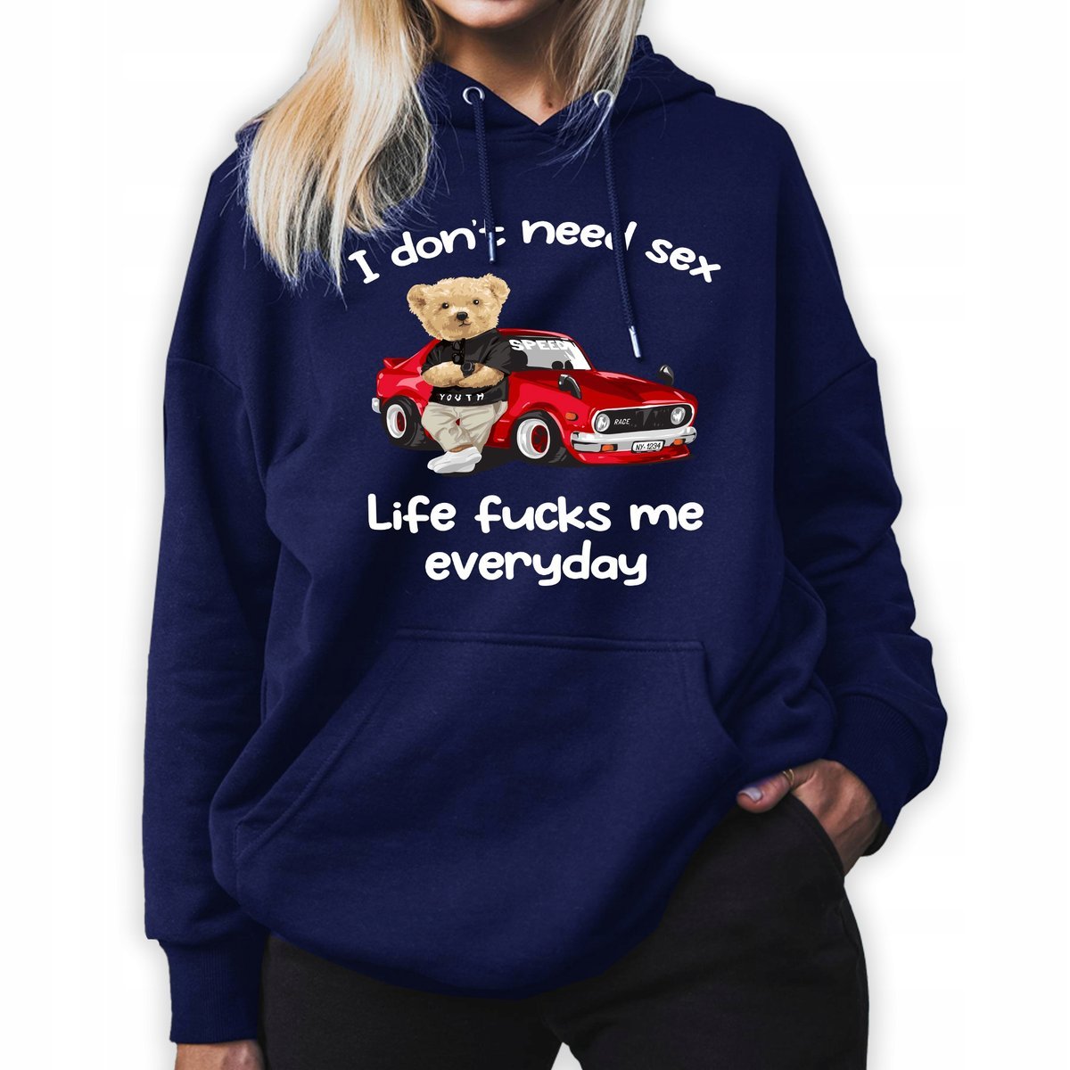 Bluza Z Kapturem Granatowa LIFE FUCKS ME Młodzieżowe Trendy Styl Wz Rozm L