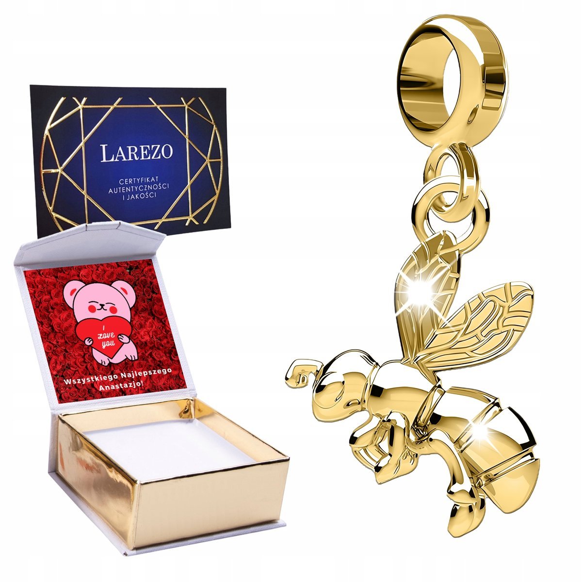 Piękny CHARMS ZŁOTY Wiszący z Pszczółką Lśniąca Pszczoła Osa + NADRUK