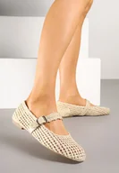 Baleriny - Beżowe Ażurowe Balerinki w Stylu Mary Jane z Plecioną Cholewką Deraelle - miniaturka - grafika 1