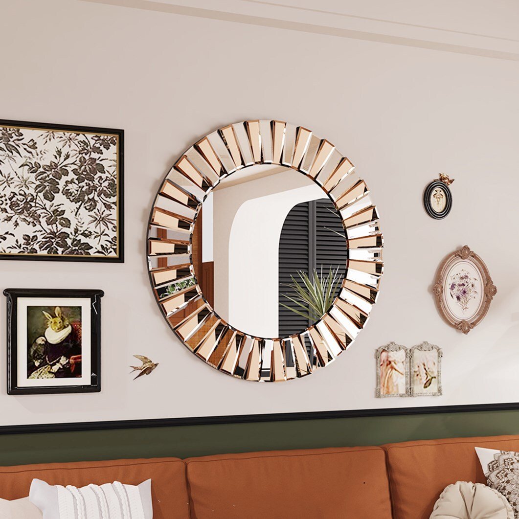 WISFOR Okrągłe lustro ścienne w kształcie słońca 60CM lustro ścienne lustro dekoracyjne lustro łazienkowe lustro do makijażu lustro do przedpokoju