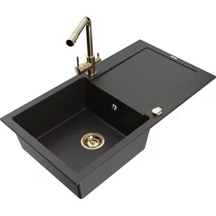 Mexen Leo zlewozmywak granitowy 1-komorowy z ociekaczem i baterią kuchenną Duero, czarny/złoty metalik - Zlewozmywaki z baterią - miniaturka - grafika 1