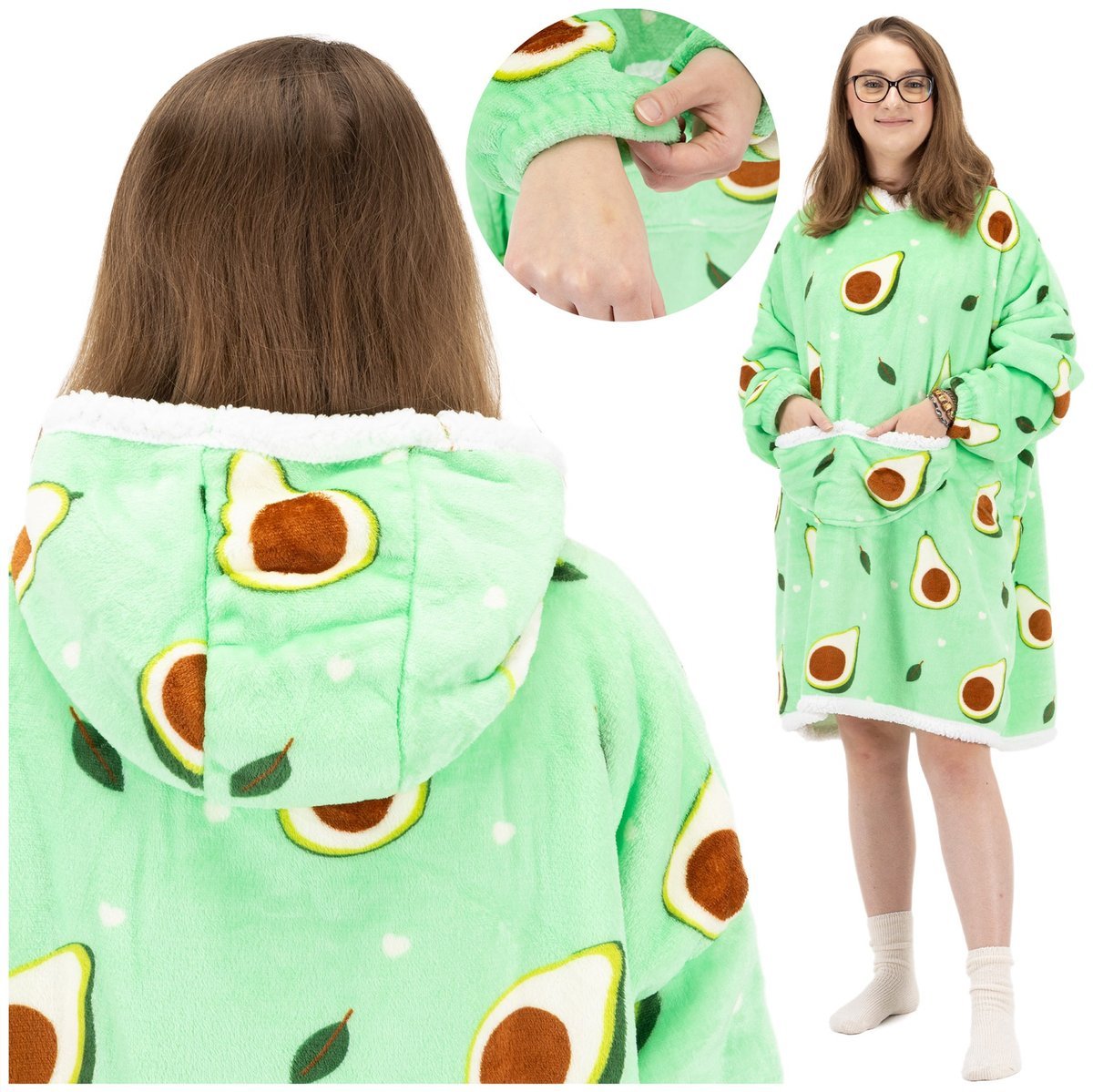 Bluza koc damska 2w1 kocobluza z kapturem ciepła oversize szlafrok futrzak awokado