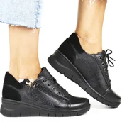 Półbuty damskie - DAMSKIE PÓŁBUTY SKÓRZANE NA KOTURNIE VINCEZA ZAPINANE NA ZAMEK I SZNUROWANIE 39964 CZARNE - miniaturka - grafika 1