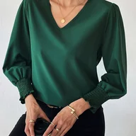 Koszule damskie - TEMU Jednokolorowa bluzka z dekoltem w serek, elegancka bluzka z długimi rękawami na wiosnę i jesień, odzież damska - miniaturka - grafika 1