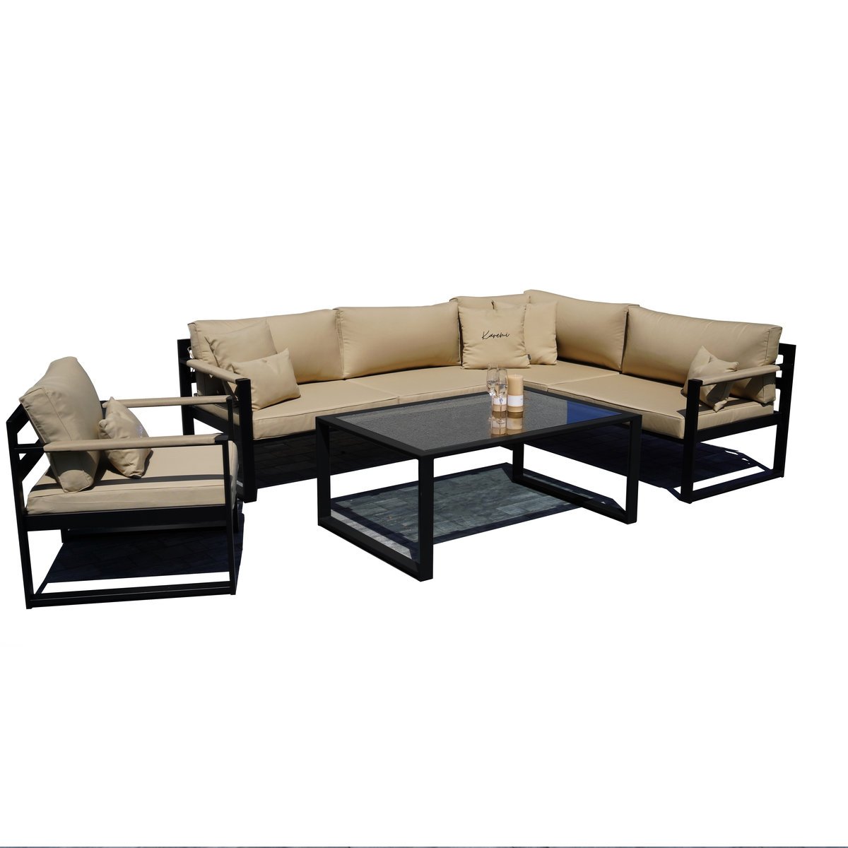 Zestaw mebli BRYGIDA - narożnik + stolik + fotel stal czarna, narożnik 250x200, KANARIA 7005
