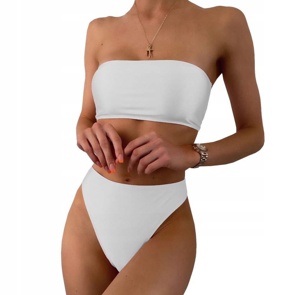 Strój Kąpielowy Dwuczęściowy Bikini Majtki Wysoki Stan Opaska Kolor Biały L