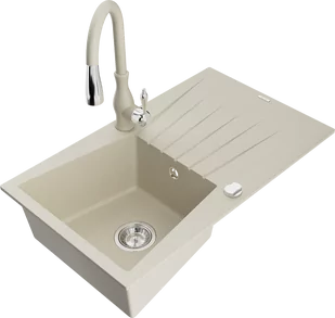 Mexen Cesar zlewozmywak granitowy 1-komorowy z ociekaczem i baterią kuchenną Savita, beżowy - 6514-69-672601-69 - Zlewozmywaki z baterią - miniaturka - grafika 1