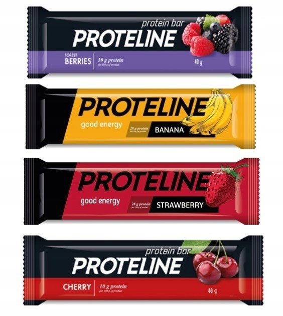 Batony proteinowe PROTELINE 24×40g–mix owocy leśne/banan/truskawka/wiśnia