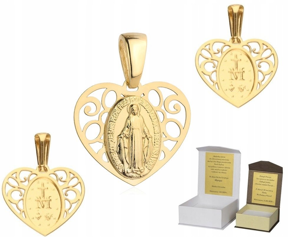 Złoty Cudowny Medalik Matka Boska serce Chrzest Komunia ZŁOTO pr. 585 MZ1